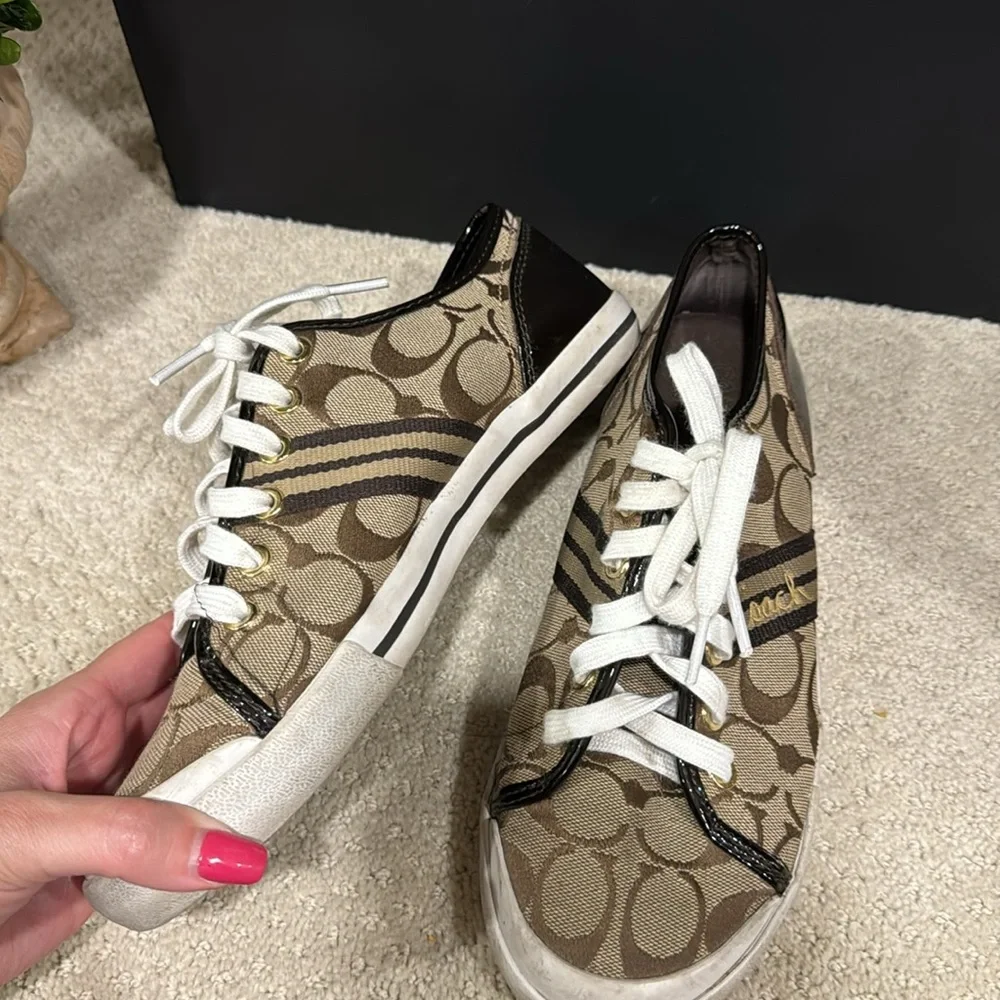 Coach traditional print sneakers with black patent trim